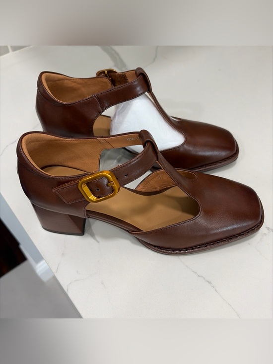 Shoes - Women's Brown Leather T-Strap Block Heel Mary Jane Shoes